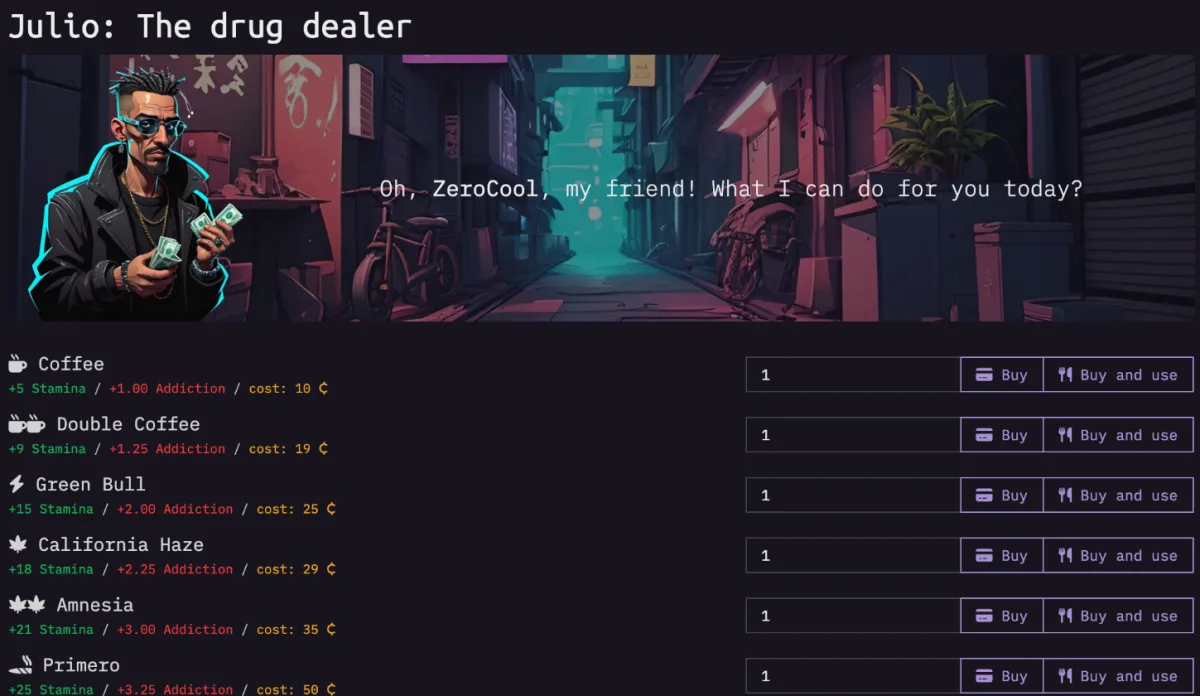 The drug dealer page with the list of products, each with stamina gained, addiction added and cost